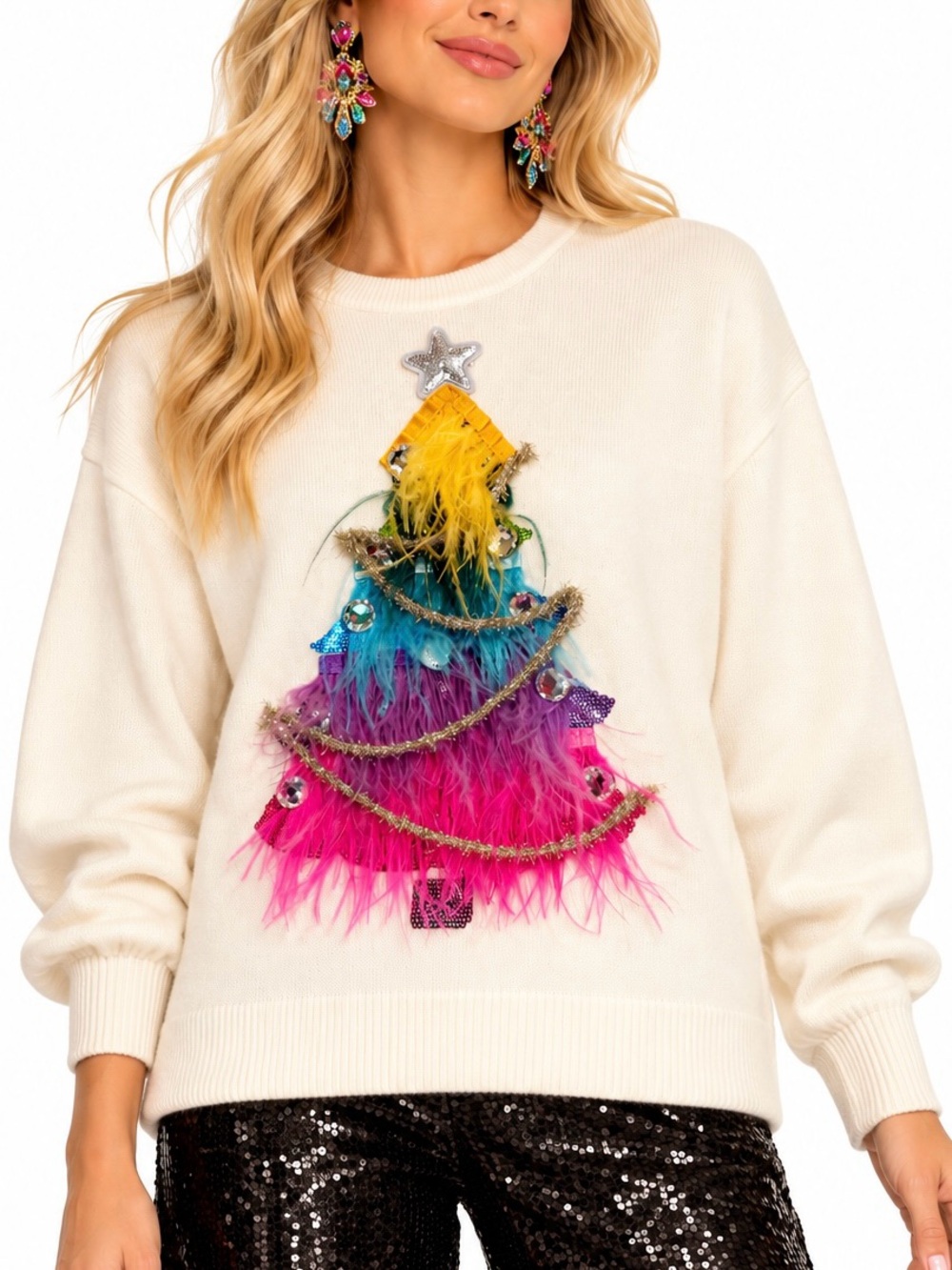 Queen of Sparkles Christmas Tree Sweater White L Feather Embellished Multicolor